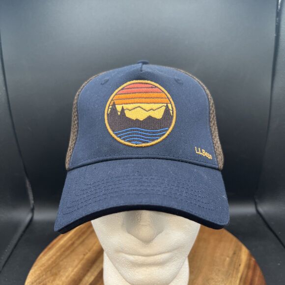LL Bean Hat w/ Patch & Logo • Adjustable Cap • Outdoors Brown Mesh • Blue Rim - Picture 1 of 7